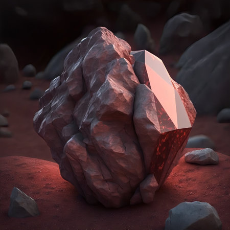 Glowing bright gemstone. Isolated mineral. Precious red ruby. Shiny garnet rock.の素材