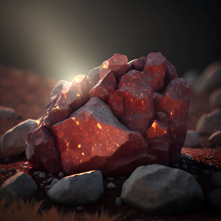 Glowing bright gemstone. Isolated mineral. Precious red ruby. Shiny garnet rock.の素材