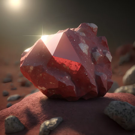 Glowing bright gemstone. Isolated mineral. Precious red ruby. Shiny garnet rock.の素材