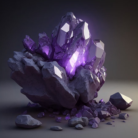 Glowing purple gemstone. Isolated mineral. Precious amethyst. Shiny rock.の素材