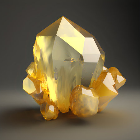 Glowing bright gemstone. Isolated mineral. Precious yellow citrine. Shiny rock.の素材