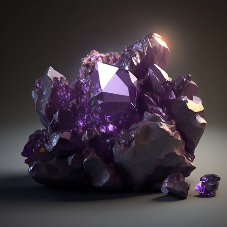 Glowing purple gemstone. Isolated mineral. Precious amethyst. Shiny rock.の素材