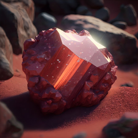 Glowing bright gemstone. Isolated mineral. Precious red ruby. Shiny garnet rock.の素材