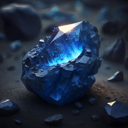 Glowing bright gemstone. Isolated mineral. Precious blue sapphire. Shiny rock.の素材