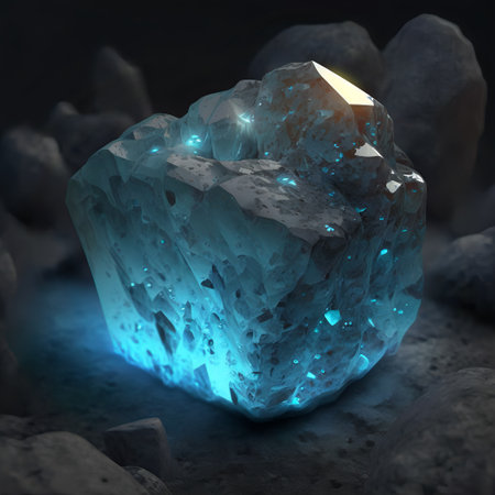Glowing bright gemstone. Isolated mineral. Precious light blue aquamarine. Shiny rock.の素材