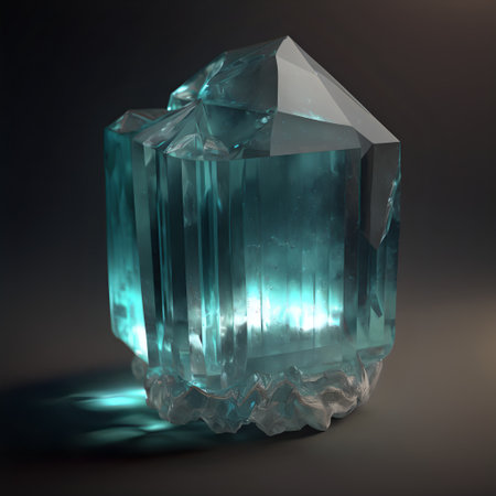 Glowing bright gemstone. Isolated mineral. Precious light blue aquamarine. Shiny rock.の素材