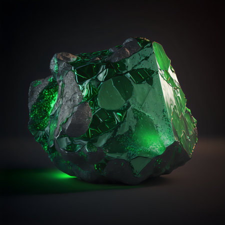 Glowing gemstone. Isolated mineral. Precious green emerald. Shiny rock.の素材