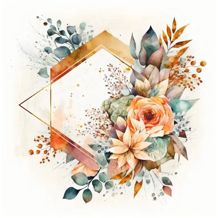 Wedding graphic. Watercolor floral illustration. Flower rose, leaves and geometrical shapes. Celebration frames.の素材