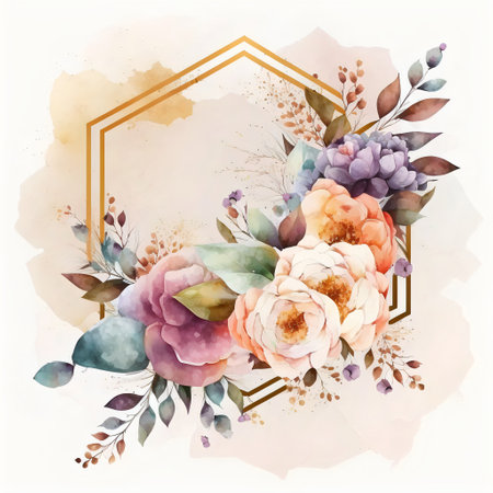 Wedding graphic. Watercolor floral illustration. Flower rose, leaves and geometrical shapes. Celebration frames.の素材