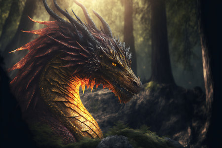 Fantasy dragon portrait. Great fire dragon in the wilderness.の素材