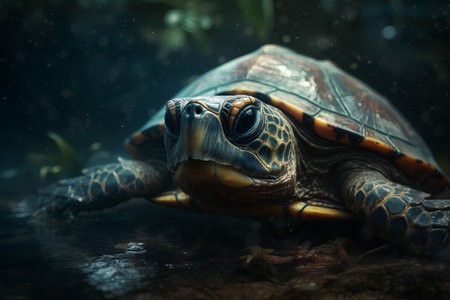 Closeup detail of a turtle under water. Sea life illustration.の素材
