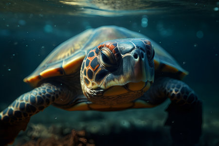 Closeup detail of a turtle under water. Sea life illustration.の素材