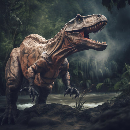 Ferocious t-rex monster in the woods. Dinosaur character.の素材