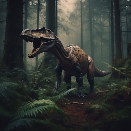 Ferocious t-rex monster in the woods. Dinosaur character.の素材