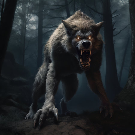 Mysterious werewolf character in the woods. Mythology figures.の素材