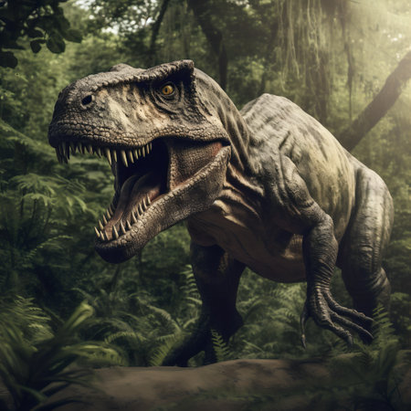 Ferocious t-rex monster in the woods. Dinosaur character.の素材