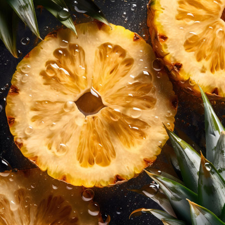 Detailed closeup picture of fresh pineapple. Water drops are on its surface. Illustrationの素材
