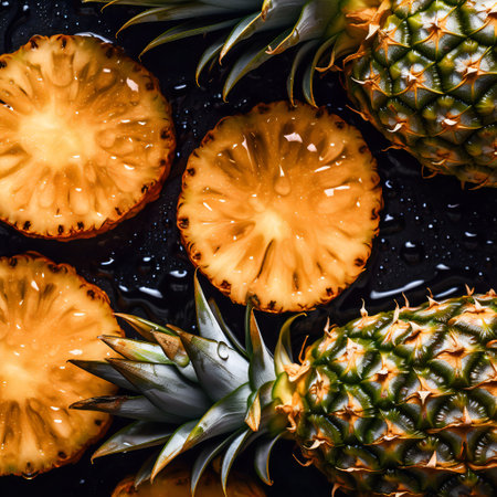 Detailed closeup picture of fresh pineapple. Water drops are on its surface. Illustrationの素材