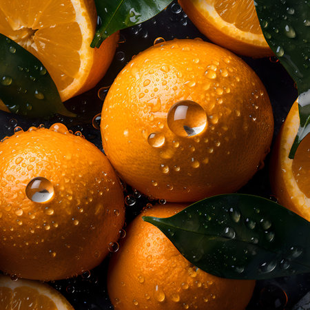 Detailed closeup picture of fresh oranges. Water drops are on their surface. Illustrationの素材