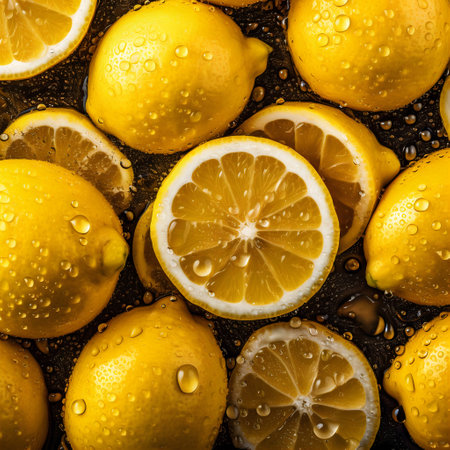 Detailed closeup picture of fresh lemons. Water drops are on their surface. Illustrationの素材