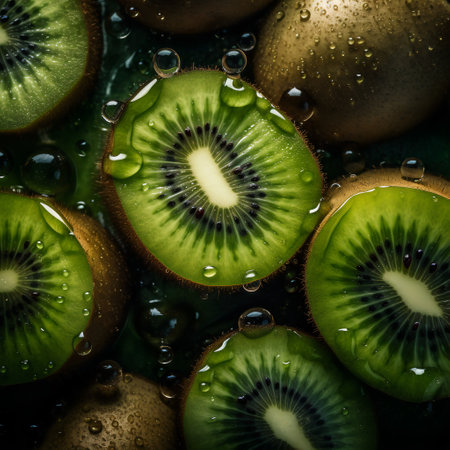 Detailed closeup picture of fresh kiwis. Water drops are on their surface. Illustrationの素材