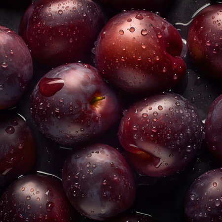 Detailed closeup picture of fresh plums. Water drops are on their surface. Illustrationの素材