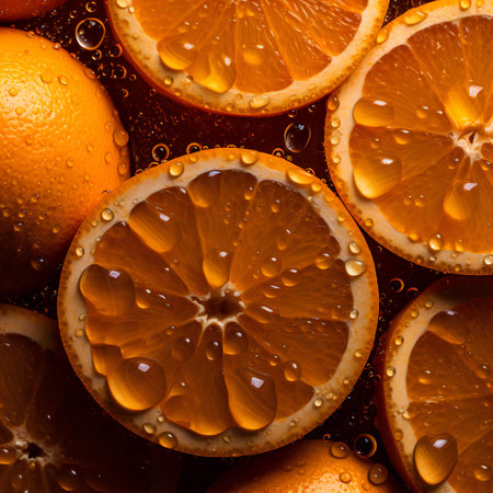 Detailed closeup picture of fresh oranges. Water drops are on their surface. Illustrationの素材