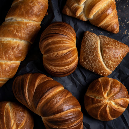 Meal illustration. Freshly baked buns and croissants. Pastries on the black chalk boardの素材