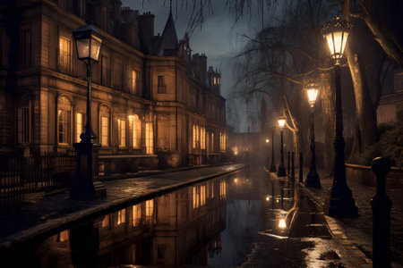 Night street in the mysterious city. Glowing lamp reflections.の素材
