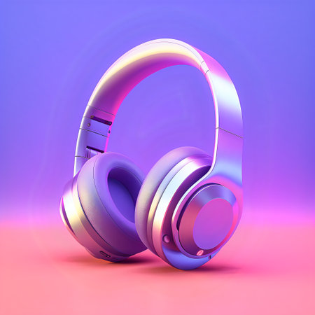 Futuristic wireless headphones suitable for listening to music. Gradient background.の素材