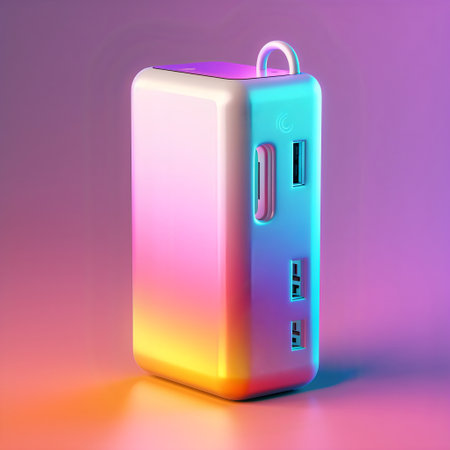 Futuristic modern power bank suitable for device charging. Gradient background.の素材