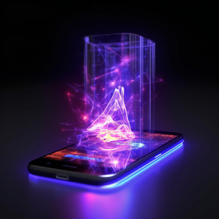 Marketing illustration. Futuristic hologram of a powerful energy surrounding a phone.の素材