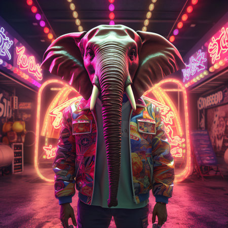Retro lifelike elephant. Neon outfit. Cyberpunk vibes. Cool profile.の素材