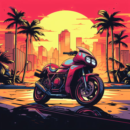 80s style illustration of a motorcycle. Summer vibes.の素材