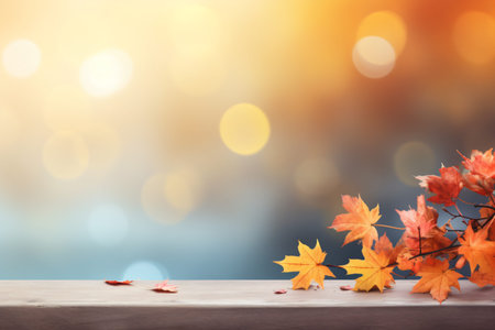 Fall background with bokeh effect. Orange leaves at sunset.の素材