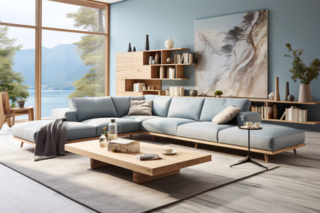 Minimalist and modern living room. Pastel colors. Clean interior.の素材