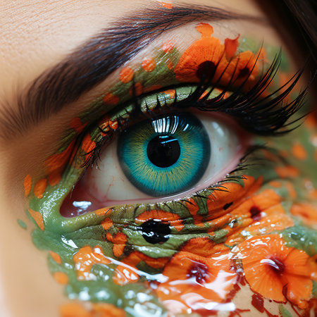 A vivid close-up showcases an eye adorned with intricate floral makeup. The mesmerizing hues of the iris contrast brilliantly with the warm autumnal tones of the makeup.の素材