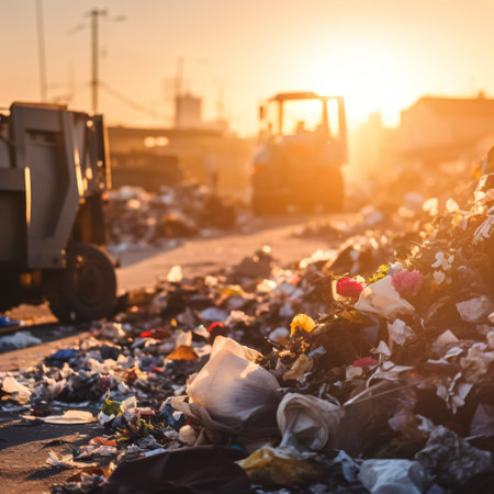 Amidst the golden hues of sunset, the urban landfill comes to life. Machinery works diligently in the background, while the refusal of everyday living is scattered in the foreground.の素材