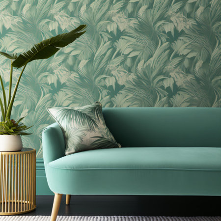 A modern living space exudes tropical elegance with its luxurious teal sofa complemented by a matching botanical wallpaper. The decor is accentuated by a gold side table, a decorative plant, and a cushion mirroring the wallpaper's design, offering an inviting and harmonious ambiance.の素材