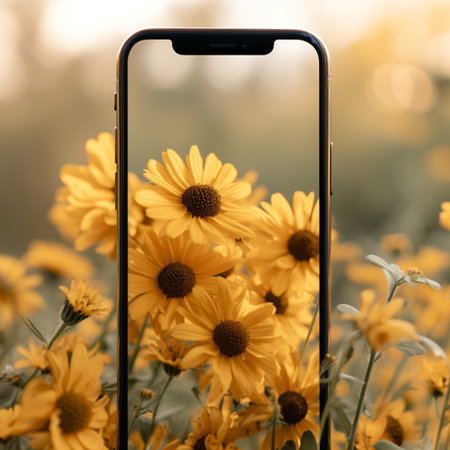 A smartphone captures the essence of radiant yellow flowers, bridging the gap between nature's splendor and modern technology.の素材