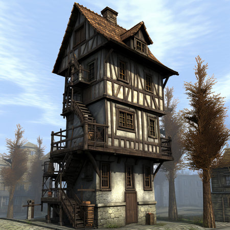 This rustic, multi-storied dwelling exudes the quintessential aura of medieval European architecture, with its timbered facades, winding wooden stairs, and stone foundations.の素材