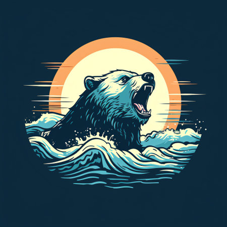 A majestic bear emerges powerfully from the swirling ocean waves, its fierce roar echoing beneath a radiant sun.の素材