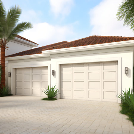 A modern tropical home features two white garage doors, complemented by a neatly paved driveway and surrounding greenery. The terracotta roof and palm tree add warmth and vacation vibes to the residenceの素材