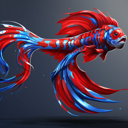 A brilliantly colored beta fish swims gracefully, its tail and fins resembling fiery red and cool blue flames. The detailed artistry captures motion, emotion, and the vibrant essence of aquatic life.の素材
