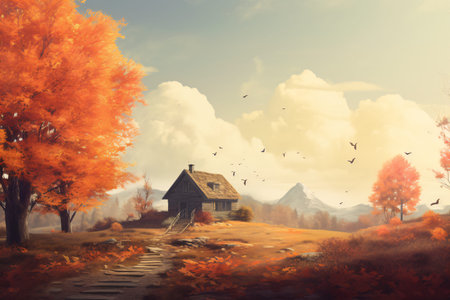 Golden-red leaves set the world ablaze, their reflections dancing upon the placid waters. As the looming clouds hint at forthcoming rains, the serenity of the scene is punctuated by distant birds taking flight.の素材