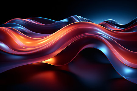 The artwork pulsates with a vibrant dance between molten orange and deep oceanic blue, creating a striking contrast. Its fluid forms twist and intertwine, resembling rivers of light that ebb and flow in a mesmerizing rhythm.の素材