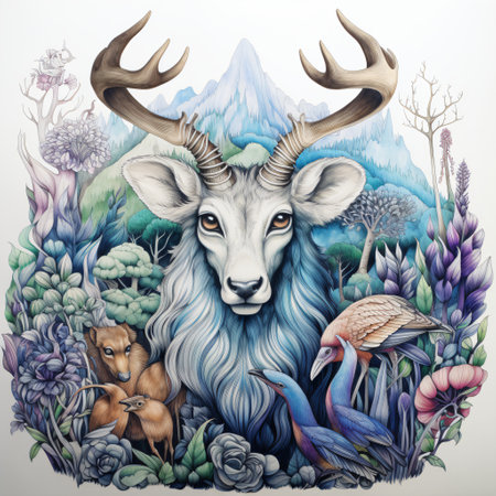 At the heart of an enchanted landscape, a majestic stag with grand antlers stands regally, embodying the spirit of the wild.の素材