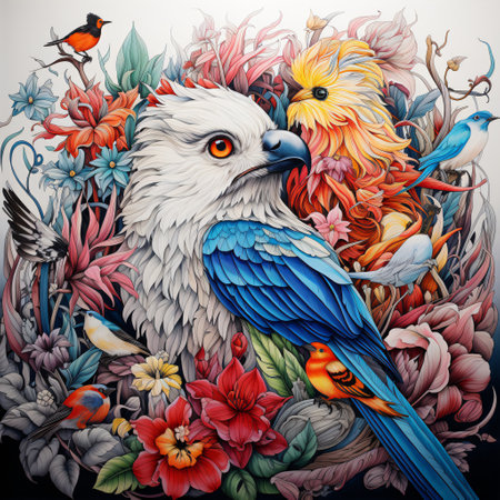 An eagle, with feathers intricately detailed, is surrounded by a cascade of vibrant flowers and spirited birds, painting a scene of natural beauty and harmony. The kaleidoscope of colors and forms intertwine, celebrating the splendor of nature's diversity.の素材