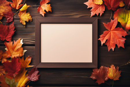 A moody blackboard frame rests on a rich, dark wooden surface, enveloped by brilliant fall leaves, textured pinecones, and delicate woodland items. This setting evokes the deep and mystical charm of autumn nights, inviting memories to be inscribed within.の素材