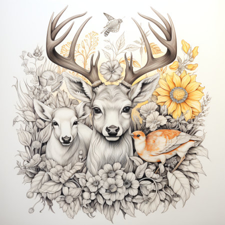 Amidst a blossoming floral tapestry, a regal stag and its tender fawn exude an aura of serenity and familial love.の素材